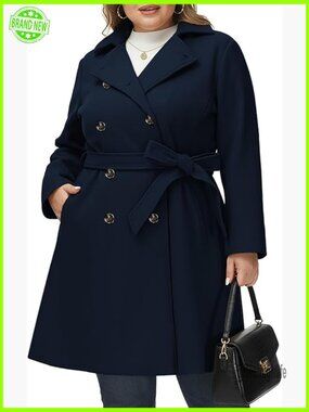 Plus Size Double Breasted Wool Pea Coat Notch Lapel Trench with Belt